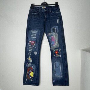 Antik Denim Womens Distressed Patched Button Fly Jeans Size 27 Embroidered Blue